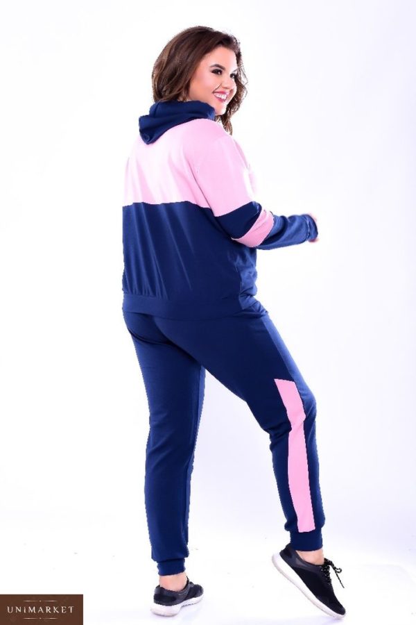 Замовити в інтернет-магазині жіночий спортивний костюм з двох нитки двоколірний з капюшоном синьо-пудровий кольору батал дешево