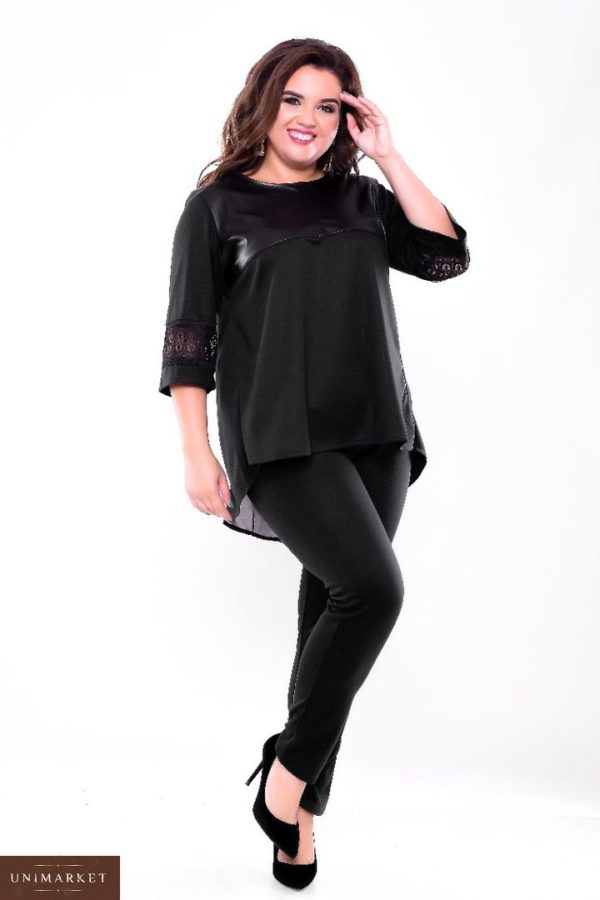 Заказать в интернет-магазине женский костюм: брюки + кофта с кружевом и экокожей черного цвета батал дешево