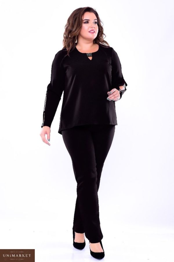 Заказать в интернет-магазине женский костюм из креп диагональ кофта и брюки черного цвета батал дешево