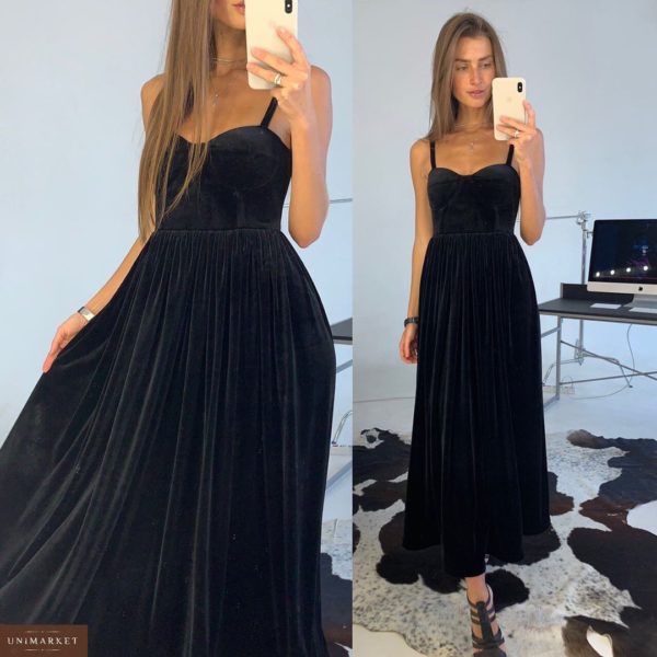 Заказать в подарок женское длинное велюровое платье на бретельках на корпоратив черного цвета оптом Украина