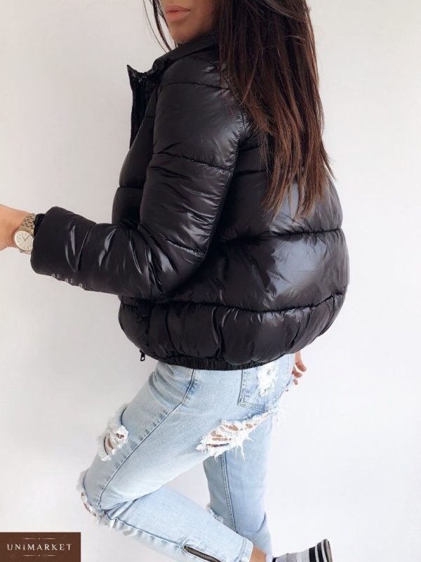 Придбати в інтернет-магазині жіночу куртку коротку дутик з плащової тканини кольору чорного дешево