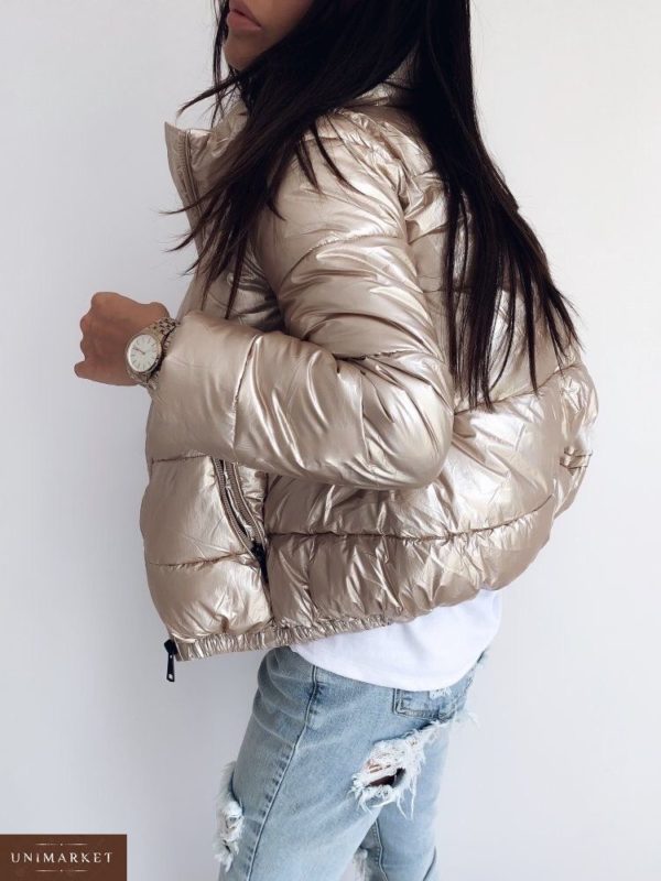 Приобрести в интернет-магазине куртку женскую короткую дутик из плащевки золотого цвета дешево