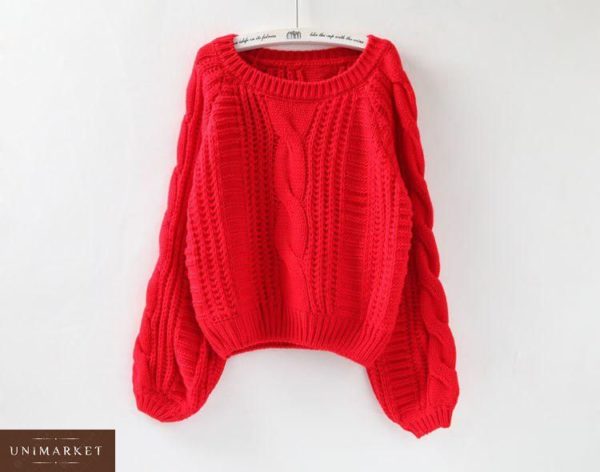 Приобрести в интернет-магазине свитер женский укороченный узорной вязки цвета красного дешево