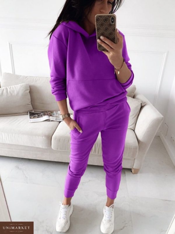 Замовити в подарунок жіночий спортивний костюм двійка: кофта з капюшоном + штани фіолетового кольору оптом Україна