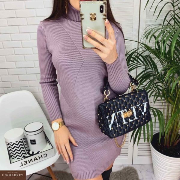 Приобрести в интернет-магазине женское платье - гольф с узором фактурным из вязки лилового цвета дешево