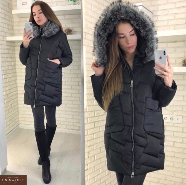 Придбати в інтернет-магазині жіночу куртку з капюшоном з холофайбера і знімних хутром чорного кольору дешево
