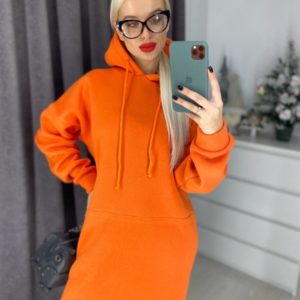 Замовити дешево жіноче тепле з капюшоном плаття на флісі оранжевого кольору недорого