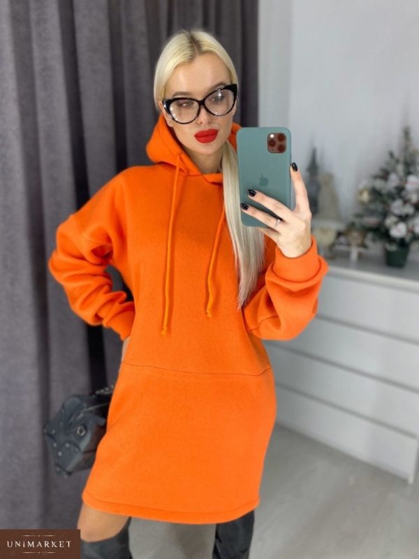 Замовити дешево жіноче тепле з капюшоном плаття на флісі оранжевого кольору недорого