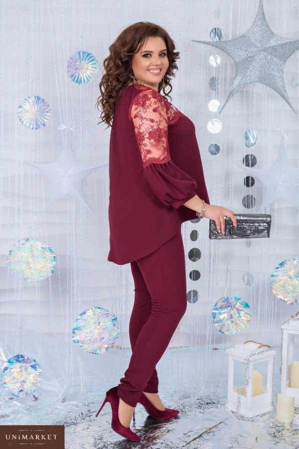 Купить в интернет-магазине костюм женский из креп дайвинга: блузка + штаны цвета бордового больших размеров недорого
