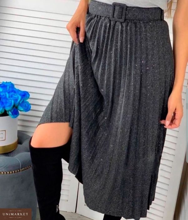 Приобрести в интернет-магазине женскую юбку плиссе с блестками из хлопка и поясом темно-серого цвета дешево