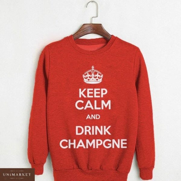 Заказать дешево женский свитшот на меху с логотипом keep calm and drink champagne из трикотажа цвета красного недорого