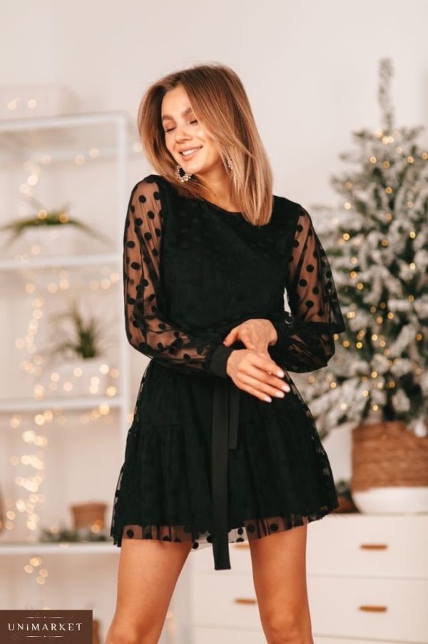 Придбати в інтернет-магазині жіночу сукню з підкладкою в сітку горох чорне на новий рік дешево