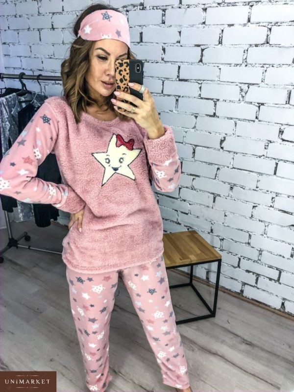 Приобрести дешево женскую теплую пижаму с повязкой в комплекте плюшевую розового цвета батал Украина