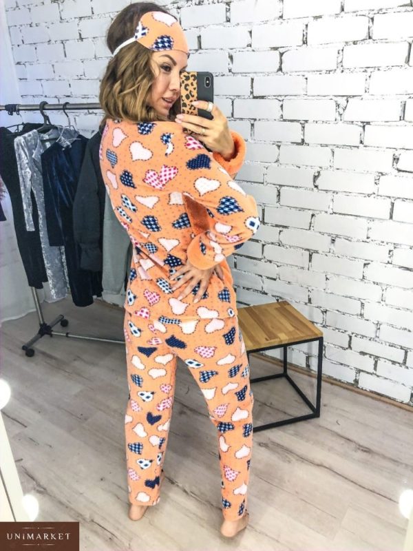 Заказать недорого женскую теплую плюшевую пижаму в комплекте с повязкой цвета персика размеров больших дешево