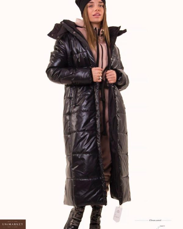 Приобрести в интернет-магазине женскую куртку воздуховик зимнюю длинную с капюшоном черного цвета дешево