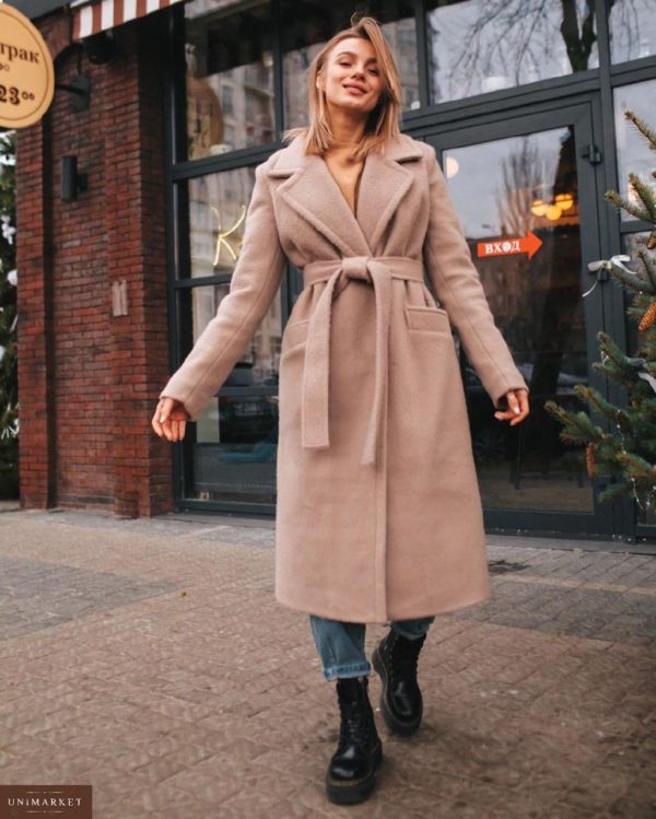 Купить недорого женское зимнее шерстяное пальто очень мягкое и тёплое темно-бежевого цвета в подарок