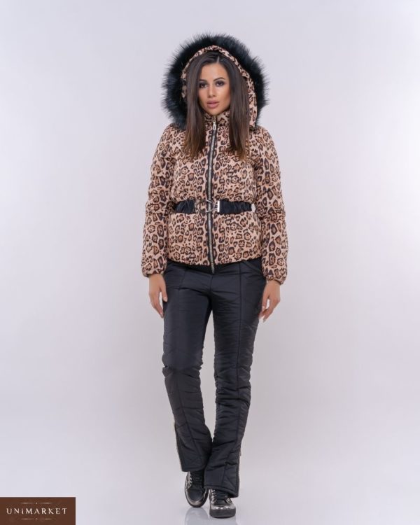 Приобрести недорого женский леопардовый лыжный костюм из влагостойкой ткани с поясом оптом Украина