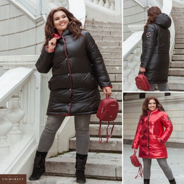 Заказать в подарок женскую куртку на кнопках двухстороннюю стёганную цвета черно-красного больших размеров недорого
