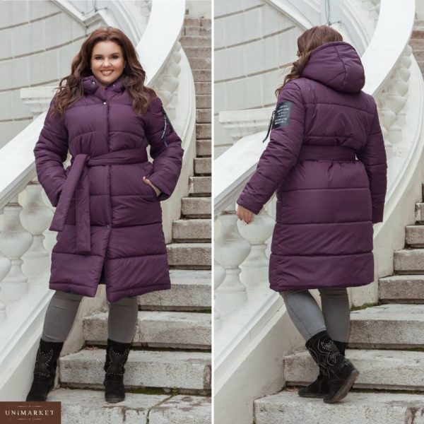 Купити дешево жіночу куртку пальто батал з синтепону з поясом стеганная баклажанового кольору в подарунок