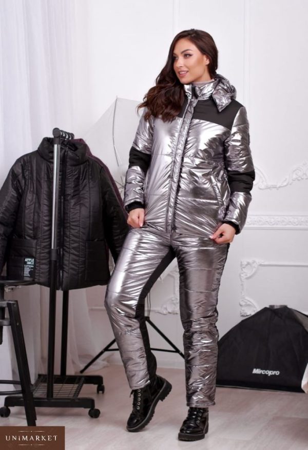 Замовити в інтернет-магазині жіночий сріблястий лижний костюм великого розміру з вологостійкої тканини на холлофайбер батал дешево