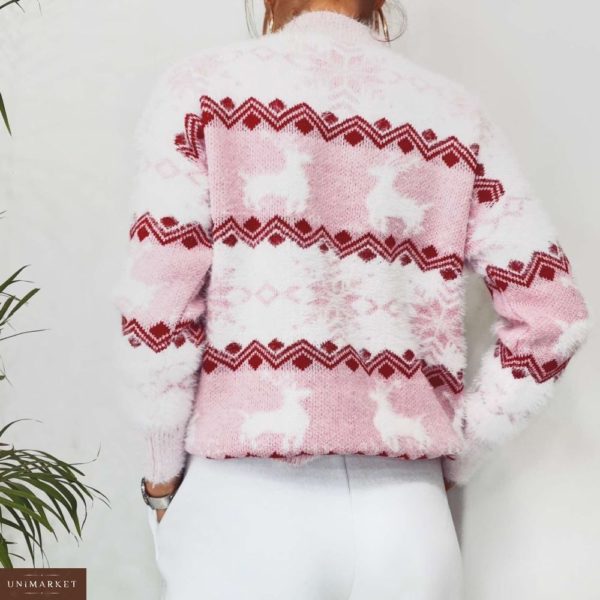 Замовити недорого жіночий з оленями светр і сніжинками рожевого кольору оптом Україна