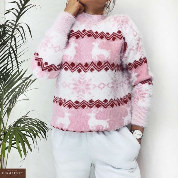 Приобрести дешево женский свитер со снежинками и оленями цвета розового недорого