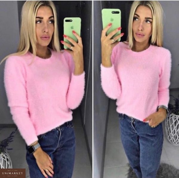 Заказать в подарок женский свитер из стрейч коттона пушистый розового цвета недорого