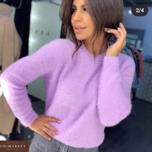 Придбати дешево жіночий светр пухнастий з котону стрейч бузкового кольору недорого