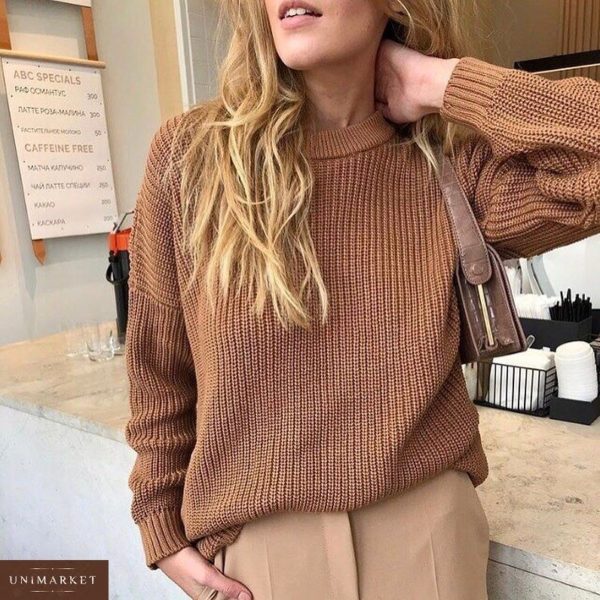 Придбати недорого жіночий базовий светр з в'язки оверсайз коричневого кольору оптом Україна