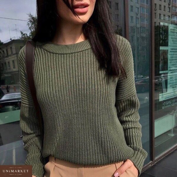Купить дешево женский базовый свитер оверсайз из вязки зеленого цвета в подарок