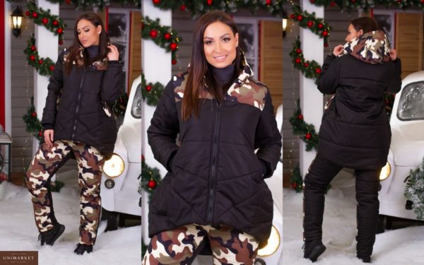 Приобрести недорого женский черный лыжный костюм больших размеров на синтепоне с камуфляжным принтом оптом Украина