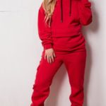 Придбати дешево жіночий костюм спортивний на флісі з худі + штани червоного кольору розмірів великих оптом