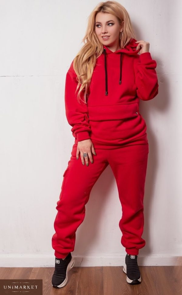 Придбати дешево жіночий костюм спортивний на флісі з худі + штани червоного кольору розмірів великих оптом