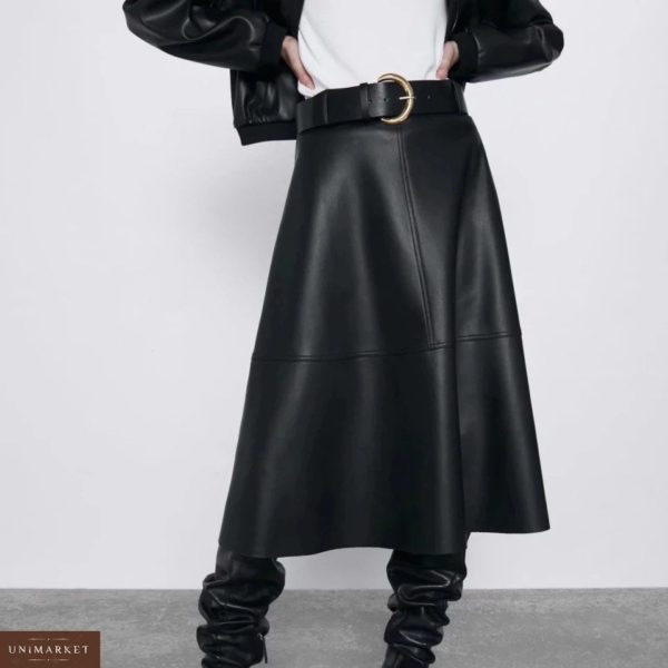 Заказать в подарок женскую юбку миди из эко кожи с поясом широким в комплекте черного цвета недорого