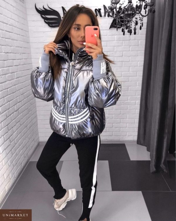 Купить дешево женскую куртку с полосками стильную на змейке цвета серебра в подарок