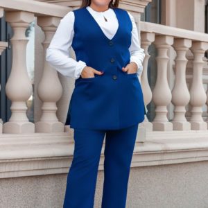 Замовити в інтернет-магазині діловий жіночий брючний костюм трійка: блузка + брюки + жилет кольору синього батал дешево