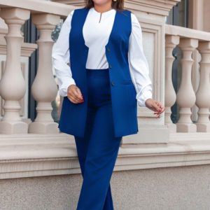 Приобрести дешево женский костюм: блузка+брюки+жилет тройка деловой брючный синего цвета размеров больших оптом