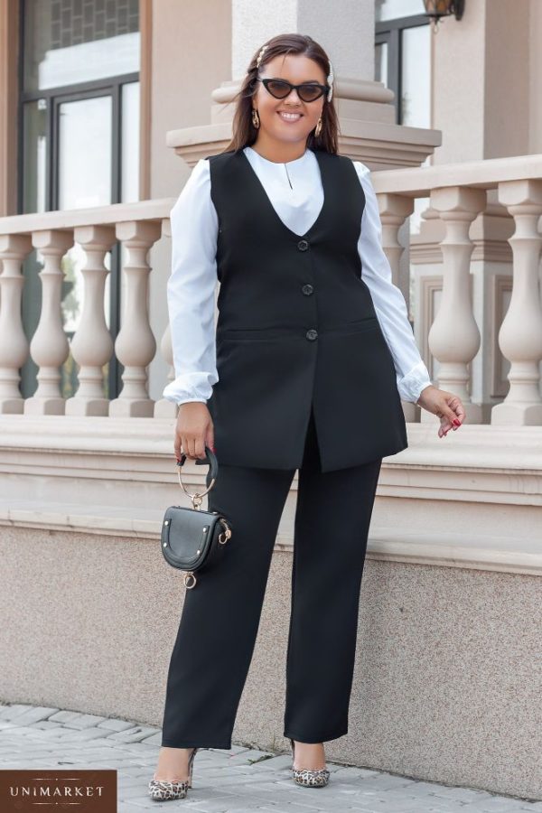 Заказать в интернет-магазине женский деловой брючный костюм тройка: блузка+брюки+жилет черного цвета батал дешево