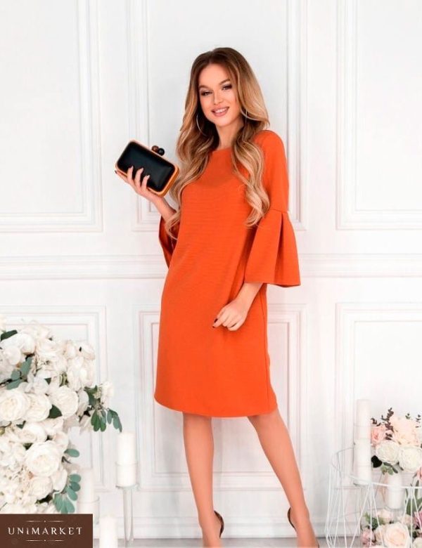 Купить дешево женское платье миди с рукавами объемными оранжевого цвета в подарок