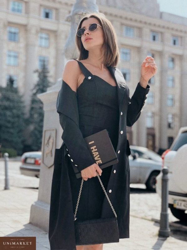 Замовити в подарунок жіночий костюм двійка: кардиган з сукнею на ґудзиках кольору чорного дешево
