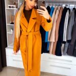 Приобрести недорого женское длинное кашемировое пальто с поясом на подкладке оранжевого цвета оптом Украина