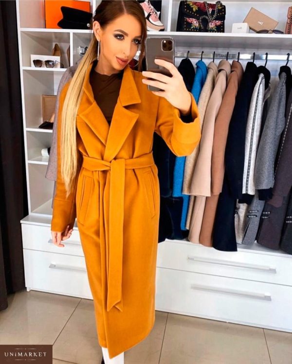 Придбати недорого жіноче довге кашемірове пальто з поясом на підкладці оранжевого кольору оптом Україна