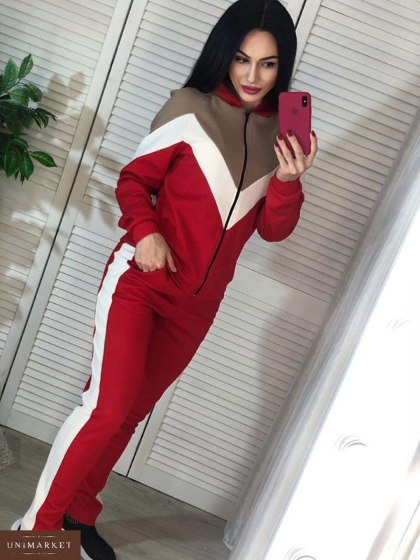 Приобрести в интернет-магазине женский костюм олимпийка трикотажный спортивный цвета красного дешево