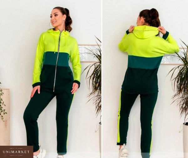 Заказать в интернет-магазине женский спортивный костюм из ангоры с капюшоном зеленого цвета батал дешево