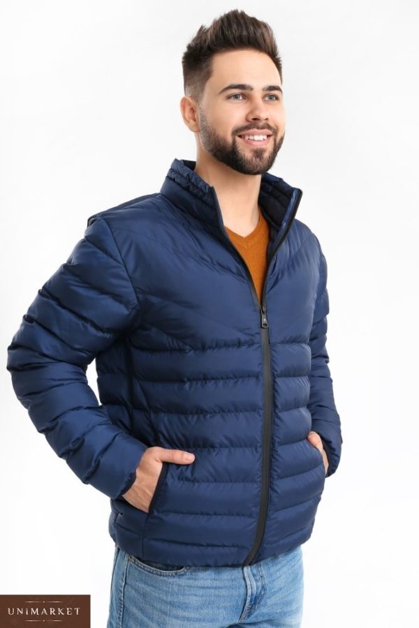 Приобрести в магазине мужскую дутик куртку из био пуха цвета темно-синего больших размеров недорого