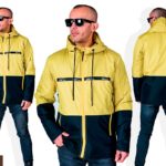 Купить в интернет-магазине мужскую легкую куртку с капюшоном из плащевки на змейке цвета желтый/черный дешево