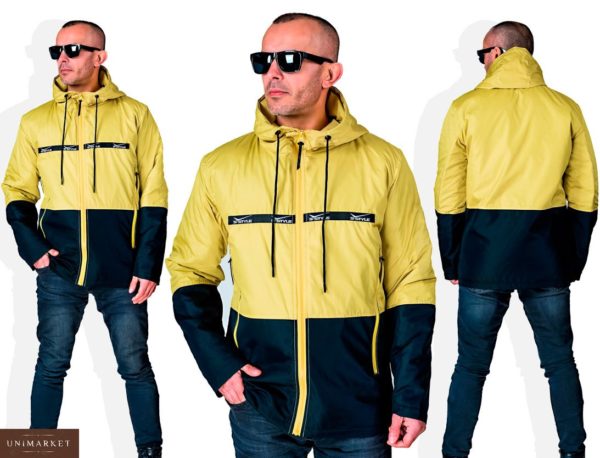 Купить в интернет-магазине мужскую легкую куртку с капюшоном из плащевки на змейке цвета желтый/черный дешево