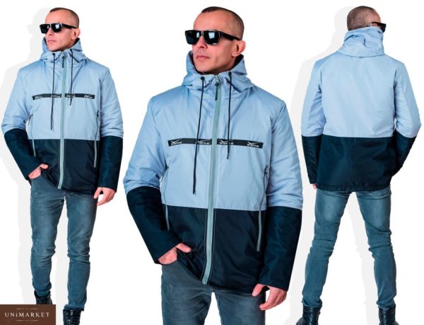 Купить в интернет-магазине мужскую легкую куртку из плащевки с капюшоном на змейке цвета светло-серый/черный дешево