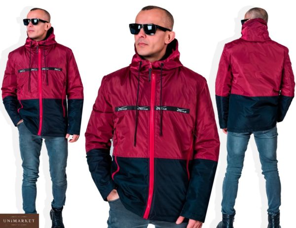 Купить в подарок мужскую легкую с капюшоном куртку из плащевки на змейке цвета бордо/черный оптом Украина