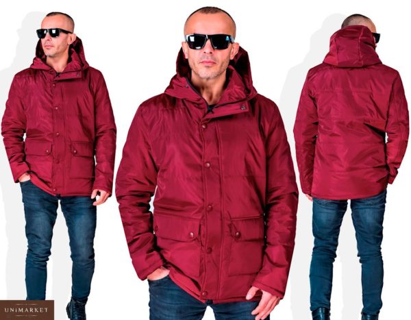 Купить дешево мужскую весеннюю куртку на синтепоне цвета бордо недорого